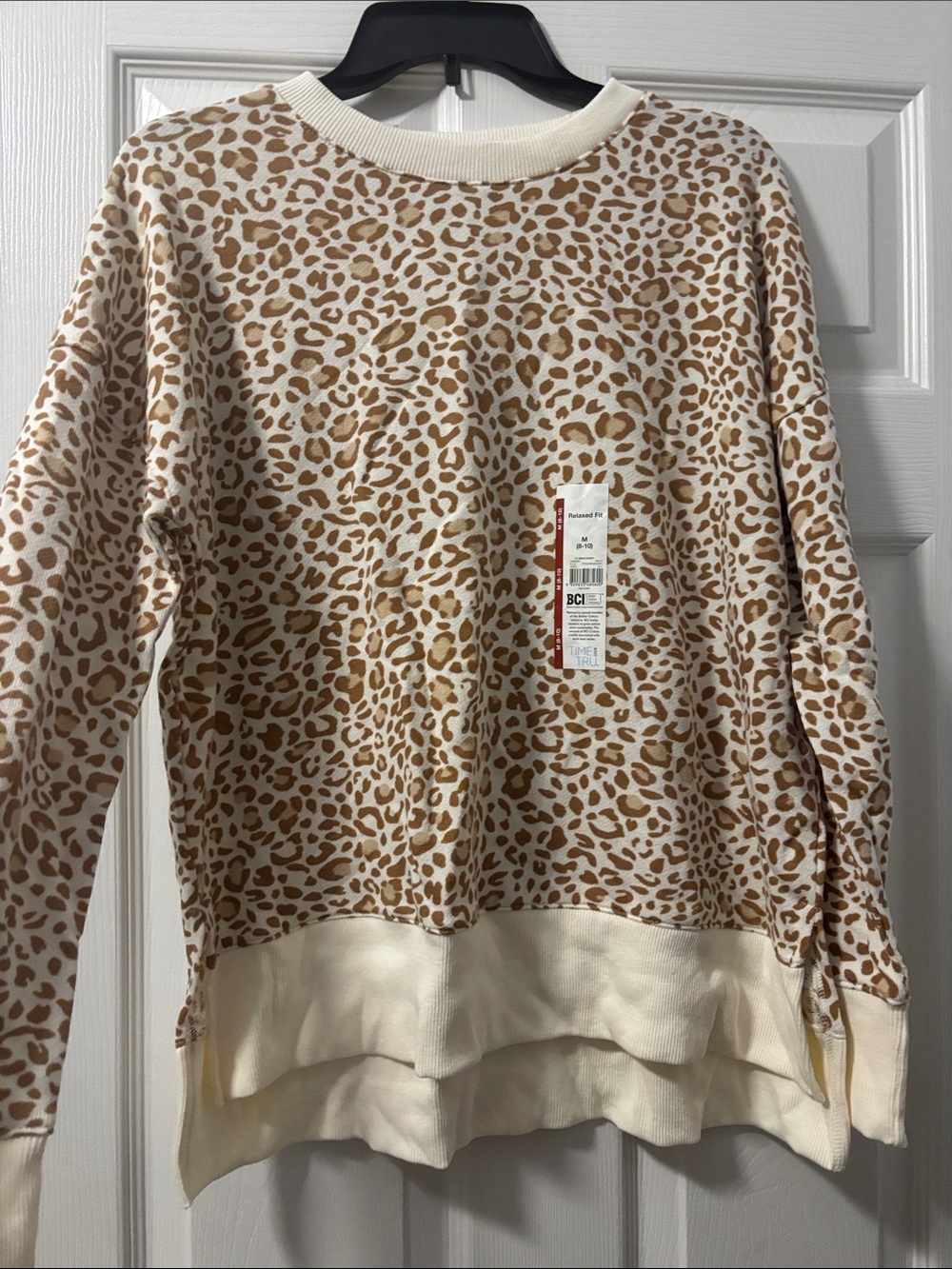 Time and Tru Cream and Brown Leopard Print Pullover Sweatshirt